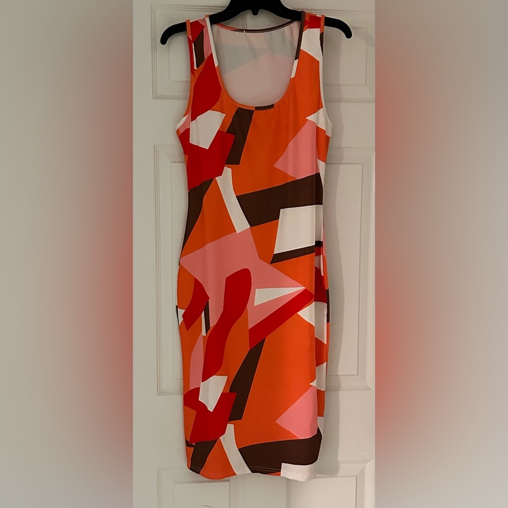 SHEIN Orange Pink Asymmetrical Sheath Midi Dress